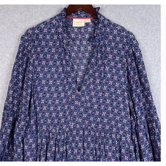 Anthropologie Maeve Sz XL Blue Floral Long Sleeve Ruffle Neck Tiered Maxi Dress8 - Picture 3 of 11